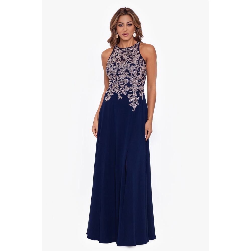 Betsy & Adam Formal Evening Gown Sz 6 Navy Beaded Mother of Bride Wedding Dress